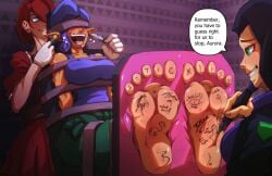 blindfold blindfolded bondage bondage_straps bound breasts bullying dungeon ear_stimulation ear_tickling elf_ears feather_tickling feathers feet feet_focus femsub laugh laughing multiple_doms_one_sub oc original original_character pen punishment purple_hair restrained restrained_arms restrained_legs restrained_to_chair restraints sweat tickle_fetish tickle_torture tickling tickling_feet toes toes_spread writing_on_body writing_on_feet writing_on_skin