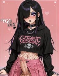 1futa ai_generated barbell_piercing black_collar black_hair black_hoodie black_lips black_nails blue_eyeshadow blue_lips blush breasts chain_leash chains choker clothes_lift collar crop_top cropped_hoodie ear_piercing earrings english_text erection eyebrow_piercing eyeshadow fishnet_top fishnets futa futa_only goth goth_fashion goth_futa hair_over_one_eye heart heart-shaped_lock heart_earrings hood hood_down hoodie huge_cock jewelry large_breasts large_penis lip_piercing lipstick lock long_hair long_sleeves looking_at_viewer makeup midriff mole mole_under_mouth multicolored_hair nail_polish navel navel_piercing original_character penis penis_piercing piercing pink_background pink_eyes pink_skirt pleated_skirt precum purple_eyes purple_hair skirt skirt_lift solo solo_futa spiked_collar testicles two-tone_hair uncensored veins veiny_penis ygo-dix yu-gi-oh!