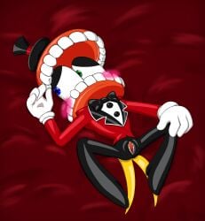 1girls absurd_res bared_teeth bedding blush blush_lines boots bow_tie caine caine_(tadc) caine_(the_amazing_digital_circus) cartoon_gloves clothing coattails collared_shirt dental dress_shirt female footwear for_a_head genderswap_(mtf) genitals glitch_productions gloves handwear hat headgear headwear heterochromia hi_res high_heeled_boots high_heels human_teeth humanoid humanoid_genitalia humanoid_vulva lying object_head objecthead on_back plantigrade raised_heel rule_63 shirt shoes showman solo spread_legs spread_vulva spreading suit suit_jacket teeth teeth_showing the_amazing_digital_circus toony top_hat topwear unknown_artist vagina_dentata vulva what