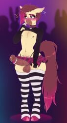 1boy absurd_res animal_genitalia animal_penis anthro balls blurred_background blush blush_lines bodily_fluids bottomwear brown_hair brown_tail calpain choker clothing crossdressing_male digital_drawing_(artwork) digital_media_(artwork) ear_piercing ear_stud egg_vibrator english_description equid equine equine_genitalia equine_penis erection eyeliner eyeshadow fur genital_fluids genitals gradient_hair green_eyes hair heart_pupils hearts_around_penis hi_res horse humanoid_hands jewelry leaking_precum legwear long_tail looking_down looking_down_at_genitalia looking_down_at_penis looking_down_at_self makeup male male_only mammal medial_ring miniskirt navel navel_piercing navel_ring necklace nipple_piercing nipple_ring nipples pattern_bottomwear pattern_clothing pattern_legwear pattern_skirt pattern_thigh_highs penile penis piercing pink_hair_tips plaid plaid_bottomwear plaid_clothing plaid_skirt pony precum pubic_tattoo public public_exposure rave ring_piercing ryunwoofie sex_toy skirt solo striped_clothing striped_legwear striped_thigh_highs stripes sweat tail tattoo thigh_highs thong underwear vibrator vibrator_on_penis yellow_body yellow_fur