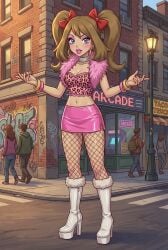 1girls 2d ai_generated bimbo bimbofication blue_eyes blush boots bracelet bracelets brown_hair brunette_hair earrings female female_focus fishnets high_heel_boots high_heels light_skin lipstick looking_at_viewer may_(pokemon) miniskirt necklace open_mouth pokemon ribbon ribbons street tight_clothing tubetop twintails