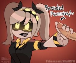 1boy 1girls anon artist_name artist_signature blush blushing_female branded branding_mark clothing dialogue glitch_productions grabbing grabbing_penis j_(murder_drones) mikansfw murder_drones penis robot robot_girl robot_humanoid silver_hair yellow_eyes