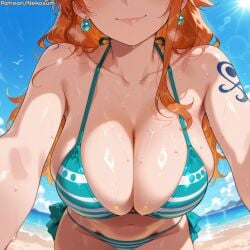 ai ai_art ai_generated artist_name beach big_breasts bikini boobs_focus breasts close_up_breasts female female_only from_below hands_behind_head large_breasts light-skinned_female long_hair looking_at_viewer nami_(one_piece) one_piece perfect_body perfect_boobs red_hair red_hair_female rexmagi smile striped_bikini swimsuit tattoo waiting_for_sex watermark