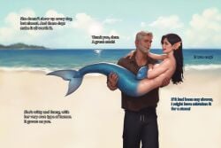 1boy 1boy1girl 1girls ai_generated beach black_hair bridal_carry comic_page fish macfiz mermaid mermaid_ears naked_female ocean sand shark_teeth white_beard white_hair