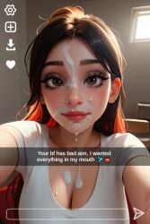 after_fellatio after_oral ai_generated blowjob camera_pov camera_view caption cheating cheating_(relationship) cheating_boyfriend cuckquean cum cum_in_mouth cum_on_breasts cum_on_face english_text eye_contact facial fellatio female female_focus holding_phone looking_at_viewer netorare ntr oral original original_character selfie snapchat social_media straight taliredmint teasing text uncensored