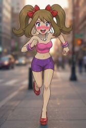 1girls 2d ai_generated blue_eyes blurry_background blush bracelet bracelets brown_hair brunette_hair earrings excited female female_focus female_only high_heels light_skin lipstick looking_at_viewer may_(pokemon) necklace open_mouth pearl_necklace pokemon ribbon ribbons running running_towards_viewer shorts street tight_clothing tubetop twintails