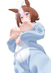 adorable ahoge blue_clothing blush brown_hair ear_ribbon embarassed exposed_breasts from_below hairband horse_ears horse_girl large_breasts meisho_doto_(umamusume) multicolored_hair necropoi nipples pajama purple_eyes streaked_hair sweat two-tone_hair umamusume zipper
