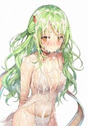 ai_assisted ai_generated arms_behind_back bare_shoulders blush breasts bukkake cleavage collarbone cum_drip cum_on_body cum_on_face cum_on_hair green_hair hair_ornament highres lace lace_lingerie lingerie lingerie_only long_hair medium_breasts momoko_(momopoco) navel simple_background slingshot solo sweat thighs third-party_edit white_background yellow_eyes