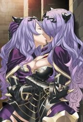 2girls ai_generated camilla_(fire_emblem) fire_emblem fire_emblem_fates hair_over_one_eye huge_breasts kissing purple_hair selfcest yuri
