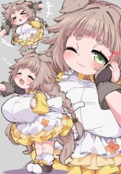 >_< :3 animal_ears blue_eyes blunt_bangs blush braid breasts brown_hair cheek_press chibi closed_eyes closed_mouth collarbone commentary dog_ears dog_tail doggy_style dutch_angle female flower forestia_~chiisana_machi_no_bokujou_life~ game_cg green_eyes hair_intakes hand_on_own_chest highres huge_breasts large_variant_set long_hair low_twin_braids mizohana_(orb-01) nipples one_eye_closed open_mouth retory_(forestia) simple_background skin_fang smile sunflower sweat tail thick_eyebrows third-party_source transparent_background twin_braids variant_set