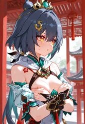 1girls ai_generated bmoso covered_nipples covering_breasts embarrassed honkai:_star_rail honkai_(series) looking_away pout small_breasts yunli_(honkai:_star_rail)