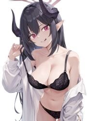 1girls bare_shoulders belly_button black_hair blue_archive bra bra_pull breasts chiaki_(blue_archive) elf_ears female female_focus female_only horns lingerie long_hair looking_at_viewer magenta_eyes medium_breasts navel open_shirt panties red_eyes ryouta_(ryouta335) smile solo standing stomach thighs tongue_out underwear