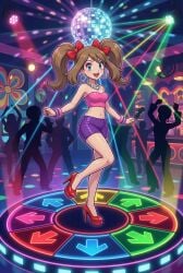 1girls 2d ai_generated blue_eyes blush bracelet bracelets brown_hair brunette_hair dance_floor dancing disco disco_ball disco_lights earrings female female_focus high_heels light_skin lipstick looking_at_viewer may_(pokemon) necklace nightclub pearl_necklace pokemon ribbon ribbons seductive_pose shorts silhouette_background tight_clothing tubetop twintails