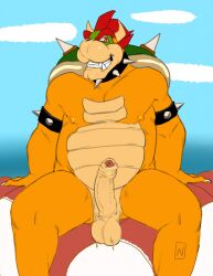 1boy anthro areola balls bedroom_eyes bowser collar digital_media_(artwork) erection foreskin furry furry_male furry_only genitals half-closed_eyes hi_res horns humanoid_genitalia humanoid_penis koopa looking_at_viewer male male_only mario_(series) narrowed_eyes nevets nintendo nipples nude outside overweight overweight_anthro overweight_male partially_retracted_foreskin pecs penis red_hair reptile scalie seductive shell sitting smile solo solo_male spikes spread_legs spreading teeth yellow_skin