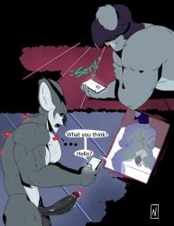 anthro areola aroused aroused_by_another aroused_face aroused_male ass balls biceps bodily_fluids cellphone digital_media_(artwork) duo electronics english_text erection fur genital_fluids genitals hair half-erect hi_res holding_cellphone holding_object holding_phone holding_smartphone humanoid_genitalia humanoid_penis koala leaking_precum lying male male/male mammal marsupial muscular muscular_anthro muscular_male nevets nipples nude on_front open_mouth pecs penis penis_backwards phone photo precum precum_string smartphone standing sweat sweatdrop sweaty_body text vombatiform