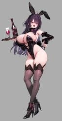 absurdres animal_ear_hairband animal_ears black_shoes black_thighhighs blush bottle breasts cup detached_sleeves drinking_glass fake_animal_ears female freng full_body grey_background hairband high_heels highleg highleg_leotard highres holding holding_tray huge_breasts leotard long_hair looking_at_viewer oerba_yun_fang open_mouth original purple_eyes purple_hair rabbit_ear_hairband rabbit_ears rabbit_tail shoes simple_background skindentation solo strapless strapless_leotard tail thighhighs tray wine_bottle wine_glass