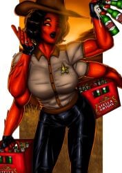 1girls 4_arms australia australian badge beer ben_10 big_breasts black_hair black_lipstick blowing_kiss blurred_background bottles boxes bubble_butt cartoon_network clothed engagement_ring female fingerless_gloves gingiensfw glowing_eyes happy hat korrax large_ass looking_at_viewer married married_woman massive_breasts milf muscular muscular_female no_nose original_character outback razanul red_skin sheriff shiny_hair shiny_skin short_hair smile smiling smiling_at_viewer solo_female spikes sunset tetramand thick_thighs tight_pants tomboy uniform wedding_ring winking_at_viewer yellow_eyes