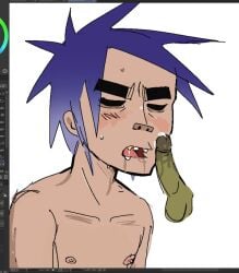 2d_(gorillaz) blue_hair blush blushing closed_eyes cum cum_leaking cum_leaking_out_of_penis drool drool_string drooling gay gorillaz light-skinned_male light_skin male male/male male_focus male_only marshrotten murdoc_niccals open_mouth tooth_gap