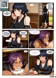 1boy 2girls ai_generated bare_shoulders black_hair black_kimono bleach bleach:_the_thousand-year_blood_war blush breasts comic commission cum cum_in_mouth dark-skinned_female dark_skin detached_sleeves ejaculation english_text facial fellatio gener-ai indoors japanese_clothes large_breasts long_hair mind_control multiple_girls oral penis ponytail promotional_art purple_hair request shihouin_yoruichi soifon speech_bubble straight sui-feng table uncensored under_the_table yellow_eyes