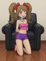 1girls 2d ai_generated armchair arms_behind_back blue_eyes blush bracelet brown_hair brunette_hair earrings female female_focus female_only high_heels kneeling kneeling_on_ground kneeling_oral_position light_skin lipstick may_(pokemon) necklace pearl_necklace pokemon ribbon ribbons seductive_pose shorts tight_clothing tongue_out tubetop twintails winking_at_viewer