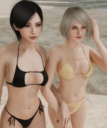 2girls ada_wong ada_wong_(adriana) ashley_graham ashley_graham_(ella_freya) bikini biohazard black_bikini black_hair blonde_hair breasts capcom cleavage cleavage_cutout cleavage_window medium_breasts medium_hair resident_evil resident_evil_4 resident_evil_4_remake riri_arts ririarts short_hair twitter yellow_bikini