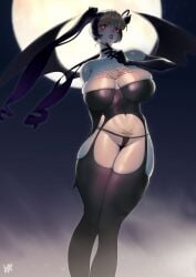 2026 artist_signature batwings belly_button big_breasts black_lipstick commission corset digital_drawing_(artwork) digital_media_(artwork) female garters hi_res highres lingerie lipstick looking_at_viewer moonlight night_sky oc panties pubic_tattoo red_eyes tattoo_on_chest thick_thighs thigh_highs twintails two-tone_hair vampire vampire_girl wings wirelixe