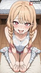 ai_generated anime anime_character anime_coloring anime_screencap anime_style aroused aroused_face aroused_female aroused_smile beige_hair blush blush_lines clothed cum_in_mouth cum_on_face expressions facial from_below hi_res high_quality kitagawa_marin long_tail looking_at_viewer marin_kitagawa patreon pink_eyes pink_shorts room short_braid shy smile sono_bisque_doll_wa_koi_wo_suru timeskipnsfw white_sneakers white_socks