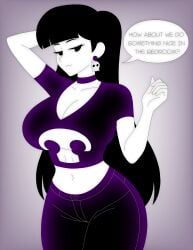 1girls 2026 arms_behind_head arms_up artvi atomickingboo bedroom black_hair cleavage confident crop_top curvy denim dialogue dialogue_bubble earrings english english_dialogue english_text female female_focus female_only half-closed_eyes highres huge_breasts indoors jeans lindel_dollice_quilten looking_at_viewer massive_breasts midriff navel oc off_shoulder original original_character plump ponytail purple_background purple_crop_top purple_pants seductive seductive_smile short_hair short_sleeves skull_earrings skull_print solo speech_bubble tagme text text_bubble the_besties_(atomickingboo) thick_thighs tight_pants underboob wide_hips