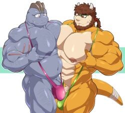 2boys abs alexander_robert_fanghead anthro arm_hair ass bandage barazoku beard big_nipples body_hair brown_hair bulge bulge_frottage chest_hair clothing comparing comparing_muscles dragon_koopa duo eye_patch eyewear facial_hair flint_steel furry furry_male furry_only gay generation_1_pokemon genitals glasses green_clothing green_swimwear hair hi_res holding_chest holding_pecs horns koopa leg_hair machoke maldu male male/male mario_(series) muscles muscular muscular_anthro muscular_male navel nintendo nipples one-piece_swimsuit pec_frottage pec_squish pecs penis pink_clothing pink_swimwear pokemon pokemon_(species) ponytail red_eyes reptile scalie sharp_teeth simple_background sling_bikini smile swimwear tail teeth vein veiny_penis wearing_glasses white_background yaoi yellow_skin