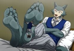 5_toes anthro beastars bed claws clothed clothing duo extreme_size_difference feet foot_fetish foot_focus foot_play furniture hi_res legoshi_(beastars) male male/male micro riz_(beastars) size_difference smellslikejavier soles stuck_to_foot tied_to_foot toe_claws toes