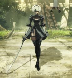 1girls abandoned_building anime anime_screencap black_blindfold black_boots black_visor blindfold bob_cut boots breasts cleavage clothing female female_only grass hips holding_weapon imminent_death light-skinned_female light_skin mall nier:_automata nier:_automata_ver1.1a pod_(nier) robot screencap shopping_mall small_breasts solo solo_female stitched sword thick_thighs thigh_boots thighs virtuous_contract visor white_hair wide_hips yorha_2b