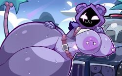 1girls bear bear_girl belt big_breasts double_drownz fecharis female fortnite huge_breasts large_thighs lifting_shirt mask masked masked_female mldc pierced_nipples purple raven_team_leader revealing_breasts seductive_pose thick_thighs