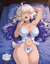 ai_assisted ai_generated animal_ears bare_arms bare_legs bare_shoulders bare_thighs big_breasts blue_hair breasts colored_inner_hair curvy curvy_body curvy_female green_eyes huge_breasts large_breasts lingerie long_hair lying lying_on_back messy_hair moonwool_branch multicolored_eyes multicolored_hair oc on_back on_bed one_eye_closed open_mouth original original_character purufy_(moonwool) sheep_ears sheep_girl slit_pupils tail thick_ass thick_thighs thighs uncensored underwear very_long_hair white_hair yawning yellow_eyes
