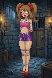 1girls 2d ahe_gao ai_generated arms_tied_behind_back blue_eyes blush bondage box brown_hair brunette_hair captured captured_heroine crate crotch_rope dungeon earrings excited female female_focus high_heels light_skin may_(pokemon) necklace pearl_necklace pokemon ribbon ribbons rope_bondage ropes shackles shorts tied_up tight_clothing tongue_out tubetop twintails