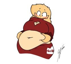 anthro anthro_only belly belly_focus big_breasts biscoff_(thedudethatdraw) breasts bunny bunny_ears bunny_girl chubby chubby_female female furry furry_female grabbing_own_belly huge_breasts prominent_tummy red_clothing thedudethatdraw thedudethatdraw_(artist) thick_thighs wide_hips yellow_body yellow_fur