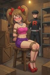 1girls 1male 2d ai_generated blue_eyes blush bondage box brown_hair brunette_hair captured captured_heroine crate earrings excited female female_focus high_heels light_skin may_(pokemon) necklace pearl_necklace pokemon ribbon ribbons rope_bondage ropes shorts storage_room team_rocket tied_up tight_clothing tubetop twintails