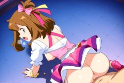 ai_generated ass blouse bows brown_hair green_eyes haruka_(pokemon) idol may_(pokemon) may_(pokemon_oras) neckline neon_lights nightclub penetration pokemon pokemon_oras sex sexy sexy_body sexy_cleavage sexy_pose sexy_smile skirt things vaginal_penetratio