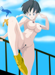 angry breasts cleavage clothes dragon_ball dragon_ball_z female fighting_pose jumping kunaixx muscles nipples photoshop pubic_hair pussy tagme uncensored undressing videl