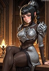 1girls ai_generated arm_support armor artist_name baldur's_gate baldur's_gate_3 bangs black_hair blunt_bangs blush boobplate braid braided_ponytail breastplate breasts circlet closed_mouth clothing crossed_legs diadem dungeons_and_dragons ear_blush elf feet_out_of_frame female female_only forgotten_realms freckles green_eyes hair_ornament hi_res highres indoors jousneystudio lips long_hair looking_down patreon_username pointy_ears ponytail scar scar_on_face shadowheart shoulder_armor sitting solo trembling