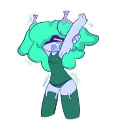 butt_visible_through_thighs cute flasque gijinka green_hair humanoid monster_girl my_singing_monsters shiny_skin slime_girl stretching swimsuit thighhighs tr3ebranch yawn yellow_sclera