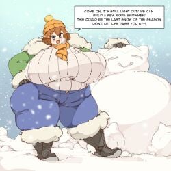 1girls 2020s 2026 2026s alternate_breast_size alternate_breast_size_(larger) alternate_thigh_size alternate_thighs_size bbw beanie beanie_hat blue_background brown_hair cold_weather fair-skinned_female_body fair_skin fair_skinned_female hat humongous_boobs humongous_breasts jeans jpg massive_breasts may_(pokemon) nintendo obese obese_female pokemon rtil snorlax snow snowing snowman sweater_puppies text_box venus_body voluptuous voluptuous_female white_sweater