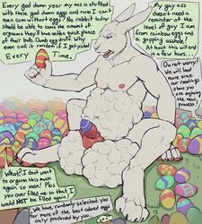 1boy 2018 anthro balls belly_overhang big_balls dialogue digital_media_(artwork) duo easter egg egg_laying english_text erection forced_orgasm fur furry holidays huge_balls koorivlf lagomorph male male_only mammal naked nipples nude open_mouth orgasm paws penis precum rabbit simple_background solo solo_male speech_bubble teeth text urethral_bulge urethral_egg_laying vein veiny_penis