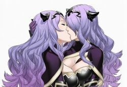 2girls ai_generated camilla_(fire_emblem) fire_emblem fire_emblem_fates hair_over_one_eye huge_breasts kissing purple_hair selfcest yuri