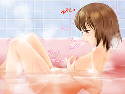 areolae bath bathing blush breasts brown_eyes brown_hair erect_nipples female fingering knees legs masturbation nikkeru_suiso nipples nude open_mouth partially_submerged small_breasts solo steam text thighs tiles trembling water wet