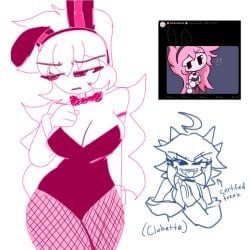 1girls ashley_(oddmod) ashley_wave_trials blush breasts bunny_ears bunnysuit clubette female fishnets geometry_dash oddmod shy sweatdrop thick_thighs yuri