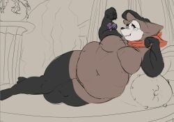 2026 6saw789 anthro arm_warmers armwear belly beret big_belly big_breasts blush blush_lines breasts clothing digital_drawing_(artwork) digital_media_(artwork) domestic_cat featureless_breasts felid feline felis female fupa genitals guide_lines hat headgear headwear holding_grapes huge_belly huge_hips huge_thighs legwear lying mammal mime_(6saw789) mostly_nude navel obese obese_anthro obese_female on_side overweight overweight_anthro overweight_female pinup pose posing_for_picture scar solo thick_thighs thigh_highs vulva white_face white_face_paint wide_hips