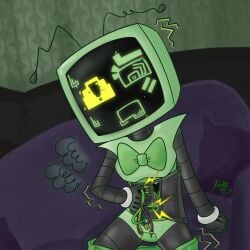 1lady 1woman cartoony dandy's_world dandys_world digital_art glitching gore kenitohhh loose_wires motherboard null pinup robot robot_girl screen_face shock_play shocked_expression smoke vee_(dandy's_world) wireplay wires