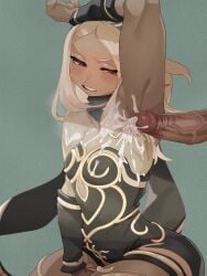 1boy 1girls 2d 2d_(artwork) ahri_el90 arm_up armpit_fetish armpit_sex blonde_hair blush cum cum_on_armpit dark-skinned_female duo female gravity_rush kat_(gravity_rush) male red_eyes sex