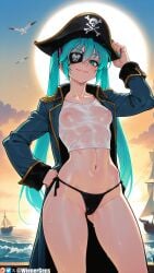 ai_generated aqua_eyes aqua_hair ass_visible_through_thighs bicorne bikini bikini_bottom_only bird black_bikini breasts closed_mouth coat collarbone covered_nipples crop_top eyepatch female hand_on_own_hip hat hatsune_miku long_hair long_sleeves looking_at_viewer miku_hatsune navel nipples ocean open_coat outdoors patreon_username pirate pirate_hat seagull see-through shirt side-tie_bikini_bottom sky small_breasts smile solo stomach sun swimsuit twintails very_long_hair vocaloid water watercraft wet wet_clothes wet_shirt wienergens