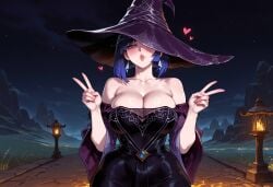 1girls ai_generated alternate_costume balecxi bangs bare_shoulders black_dress blue_eyes blue_hair blush bob_cut breasts cleavage clothing collarbone cosplay curvaceous curvaceous_female curvaceous_figure curvy curvy_figure dark_blue_hair diagonal_bangs double_v dress earrings female female_focus genshin_impact green_eyes half-closed_eyes hat hat_over_one_eye headwear inviting inviting_to_sex jewelry lamppost lantern large_breasts lips looking_at_viewer low_neckline mole mole_on_breast mountainous_horizon multicolored_hair night night_sky off-shoulder_dress off_shoulder one_eye_covered outdoors presenting presenting_ass presenting_breasts presenting_hindquarters presenting_self puckered_lips purple_headwear seductive seductive_look seductive_smile short_hair sky smile solo star_(sky) starry_sky strapless strapless_dress v voluptuous voluptuous_female wide_hips witch witch_hat yelan_(genshin_impact)